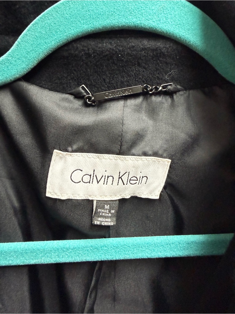 Calvin Klein Black Pea Coat with Teal Accents